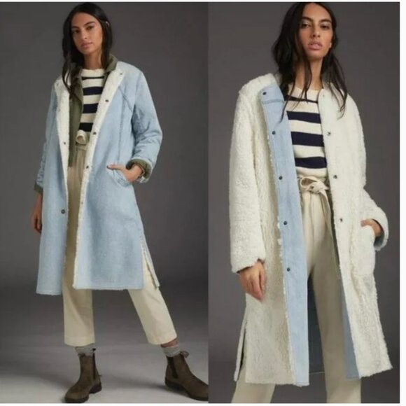 Anthropologie Pilcro Reversible Sherpa Denim Duster Coat Size Small - Picture 1 of 11